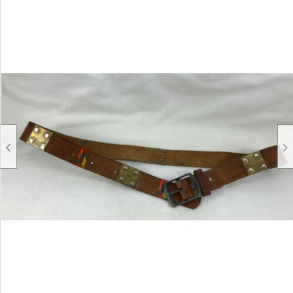 Leather Belt w/ Brass Plate Accent & Painted Design Ladies Small 35" - Picture 3 of 8